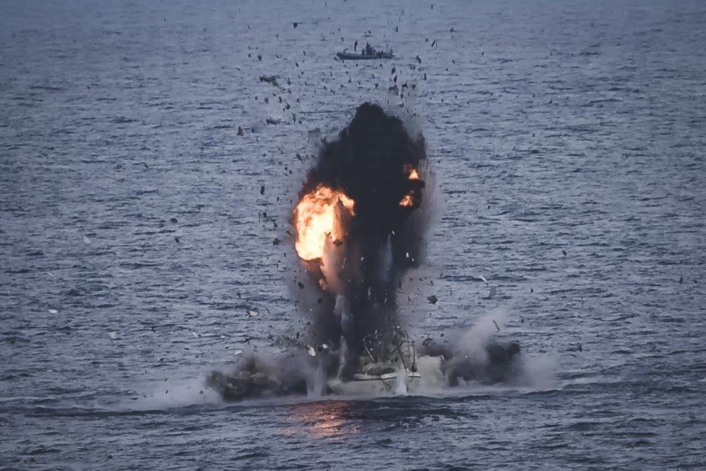 The boat that attacked a ship was later caught and blown up by the Castilla. Photo Franscisco Gomez Conde public affairs officer Atalanta